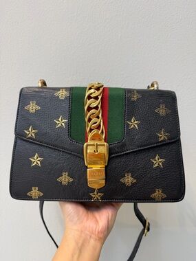 Gucci Black Leather Crossbody with Red-Green Web Stripe and Gold Motifs